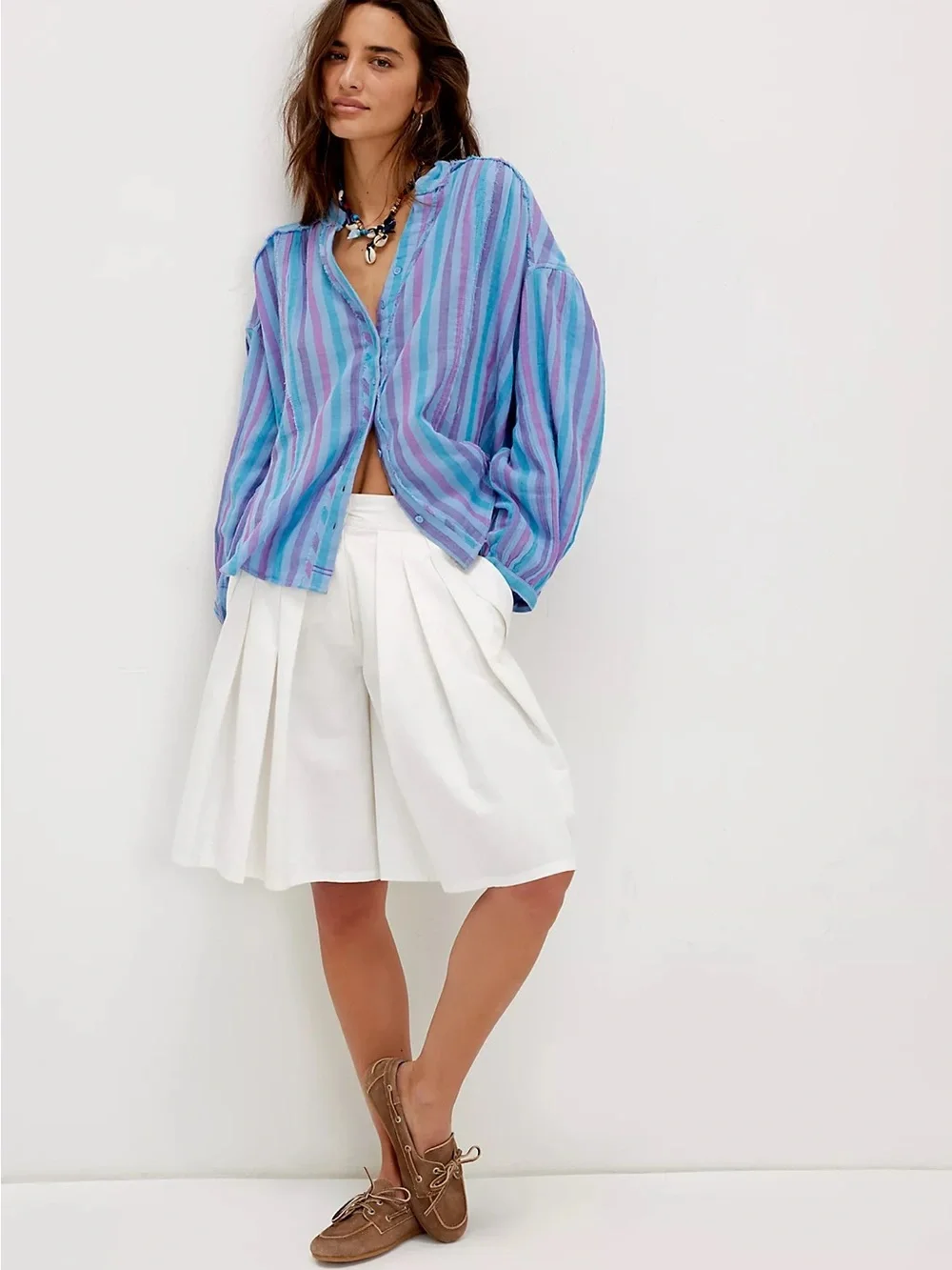 Free People We The Free Striped Valley Double Cloth Shirt in Blue Purple - Picture 3 of 7
